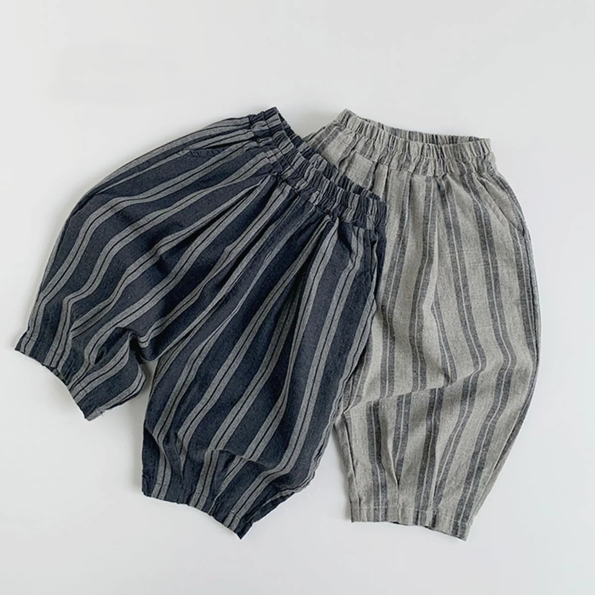 شلوار راحتی کلاسیک پسرانه Ashmyova، شلوار نخی راه راه نازک با کمر کشی مناسب فصل بهار و تابستان، شلوار بلند بچگانه 2 عددی