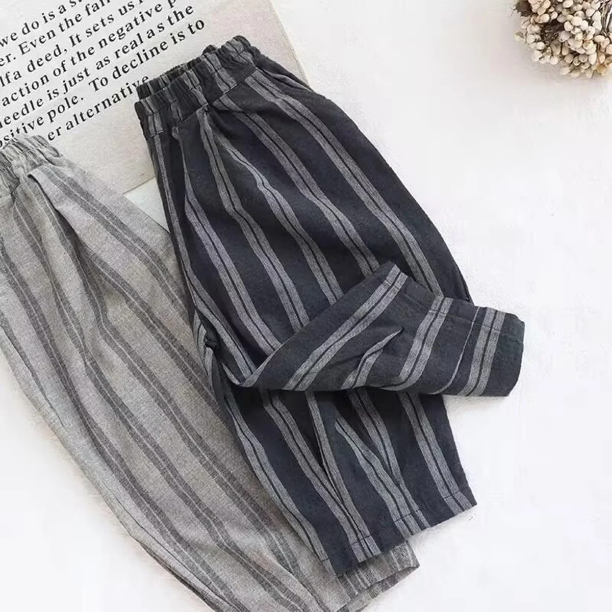 شلوار راحتی کلاسیک پسرانه Ashmyova، شلوار نخی راه راه نازک با کمر کشی مناسب فصل بهار و تابستان، شلوار بلند بچگانه 2 عددی