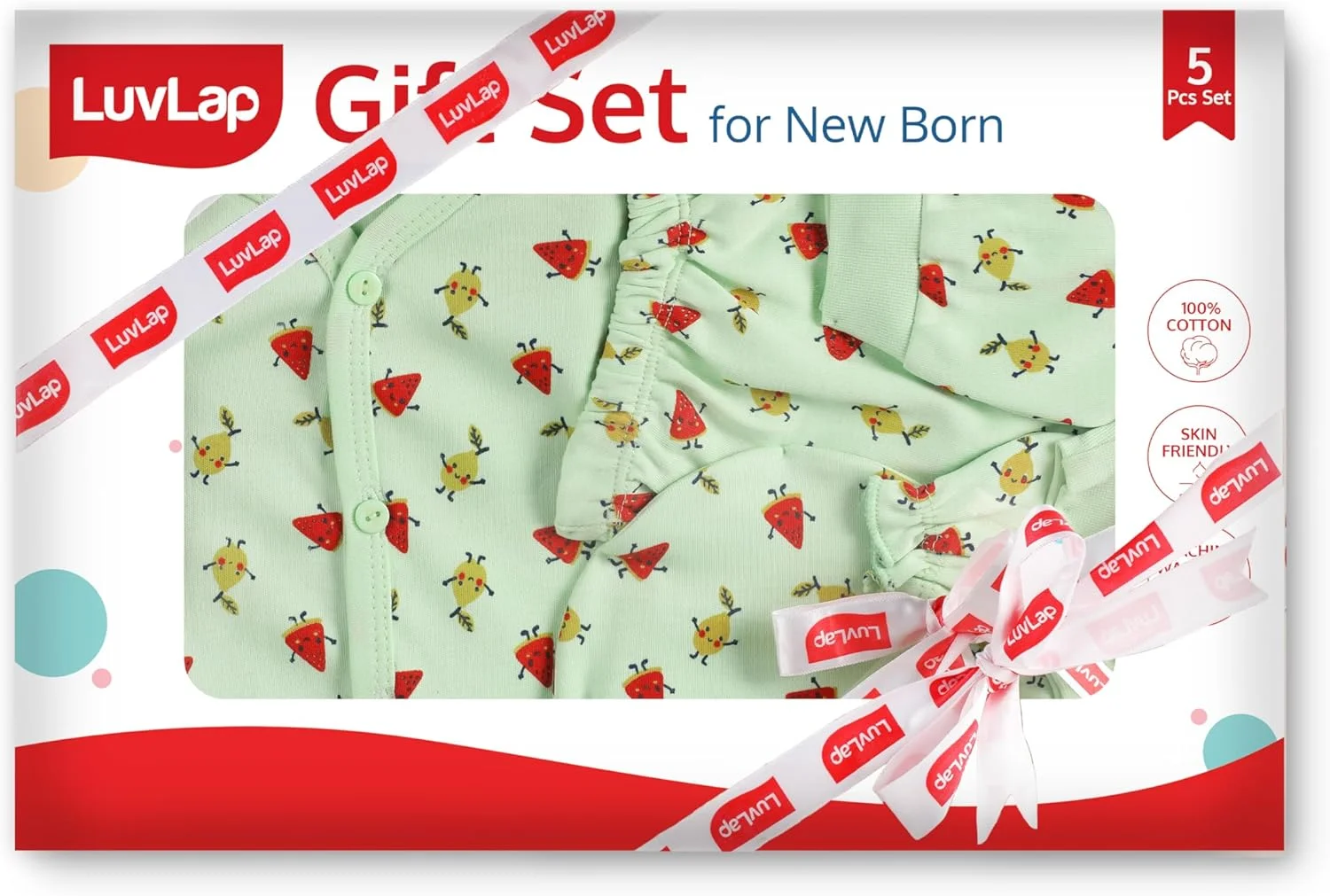 ست هدیه نوزادی 5 تکه لاو لپ، شامل ژاکت آستین کوتاه، تی شرت، شلوار راحتی، کلاه، دستکش و جوراب، نرم و لطیف پنبه ای، سازگار با پوست، ست لباس نوزادی 0-3 ماه، طرح میوه ای سبز دریایی