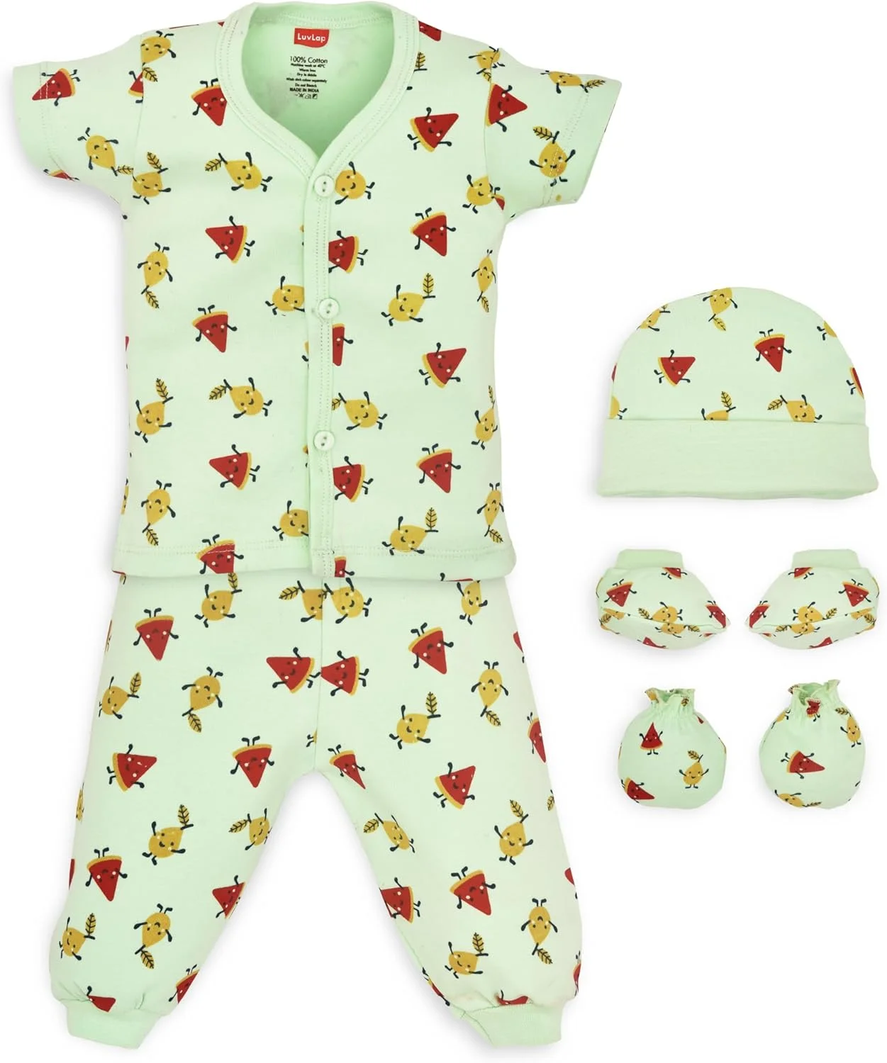 ست هدیه نوزادی 5 تکه لاو لپ، شامل ژاکت آستین کوتاه، تی شرت، شلوار راحتی، کلاه، دستکش و جوراب، نرم و لطیف پنبه ای، سازگار با پوست، ست لباس نوزادی 0-3 ماه، طرح میوه ای سبز دریایی
