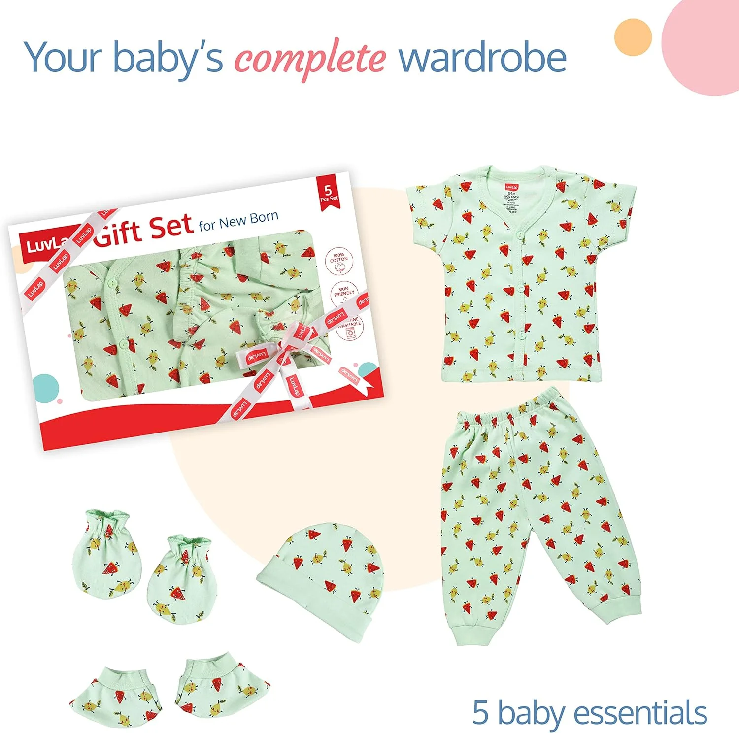 ست هدیه نوزادی 5 تکه لاو لپ، شامل ژاکت آستین کوتاه، تی شرت، شلوار راحتی، کلاه، دستکش و جوراب، نرم و لطیف پنبه ای، سازگار با پوست، ست لباس نوزادی 0-3 ماه، طرح میوه ای سبز دریایی