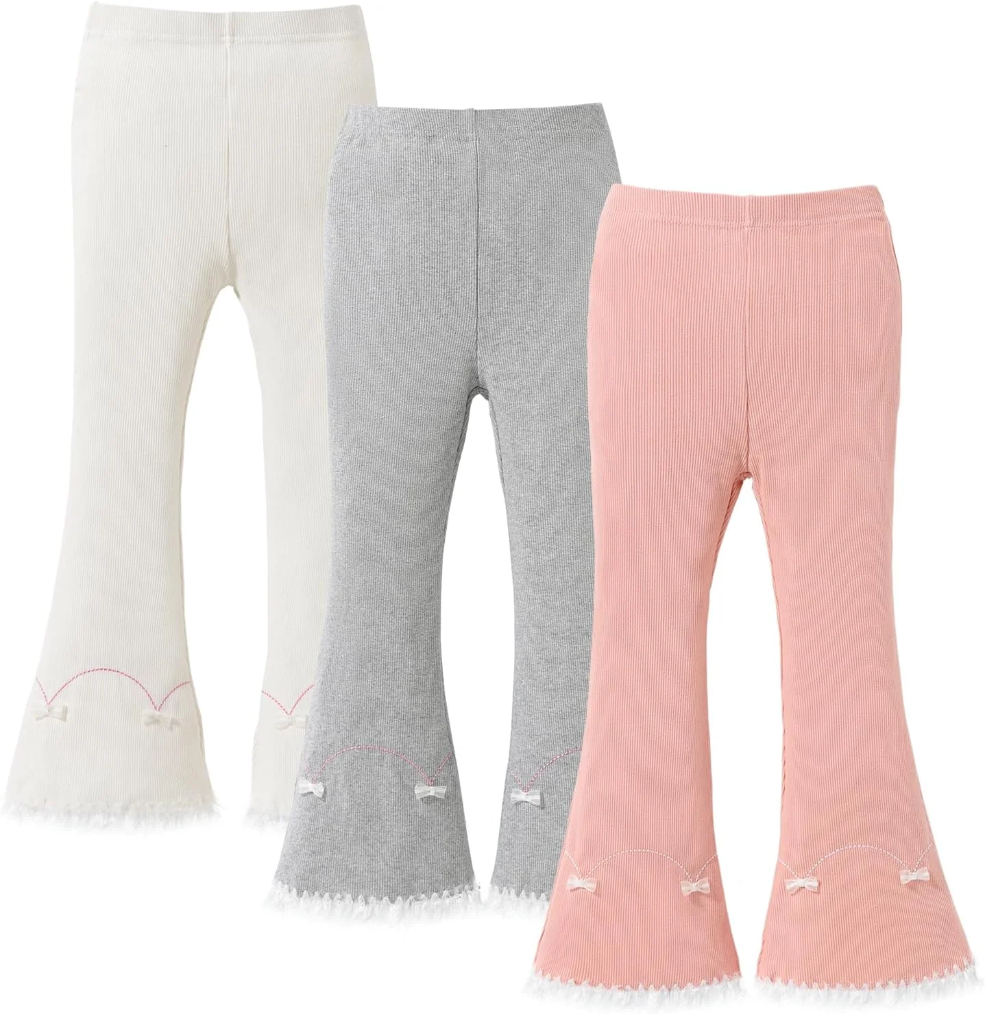 لگینگ دخترانه با پاچه گشاد، شلوار یوگا بچه گانه، لگینگ دمپا گشاد با کمر پهن و گلدوزی پاپیون، بسته 3 عددی