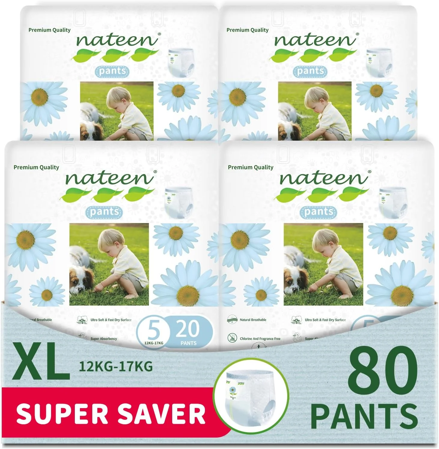 شورت پوشک بچه ناتین پریمیوم، سایز 5 (12-17 کیلوگرم)، خیلی بزرگ، 80 عدد، فوق العاده جاذب، شورت پوشک بچه بسیار نازک. (80 عدد)