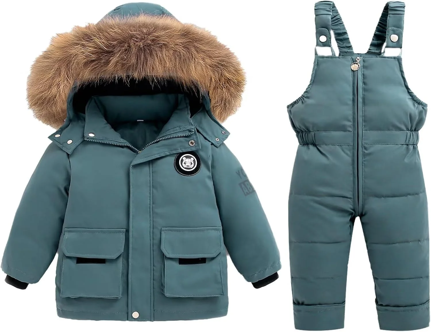 ست لباس برفی کودکانه شامل کاپشن کلاه دار و شلوار پیشبندی اسکی، مناسب نوزادان و کودکان ۱۸ ماهه تا ۴ ساله