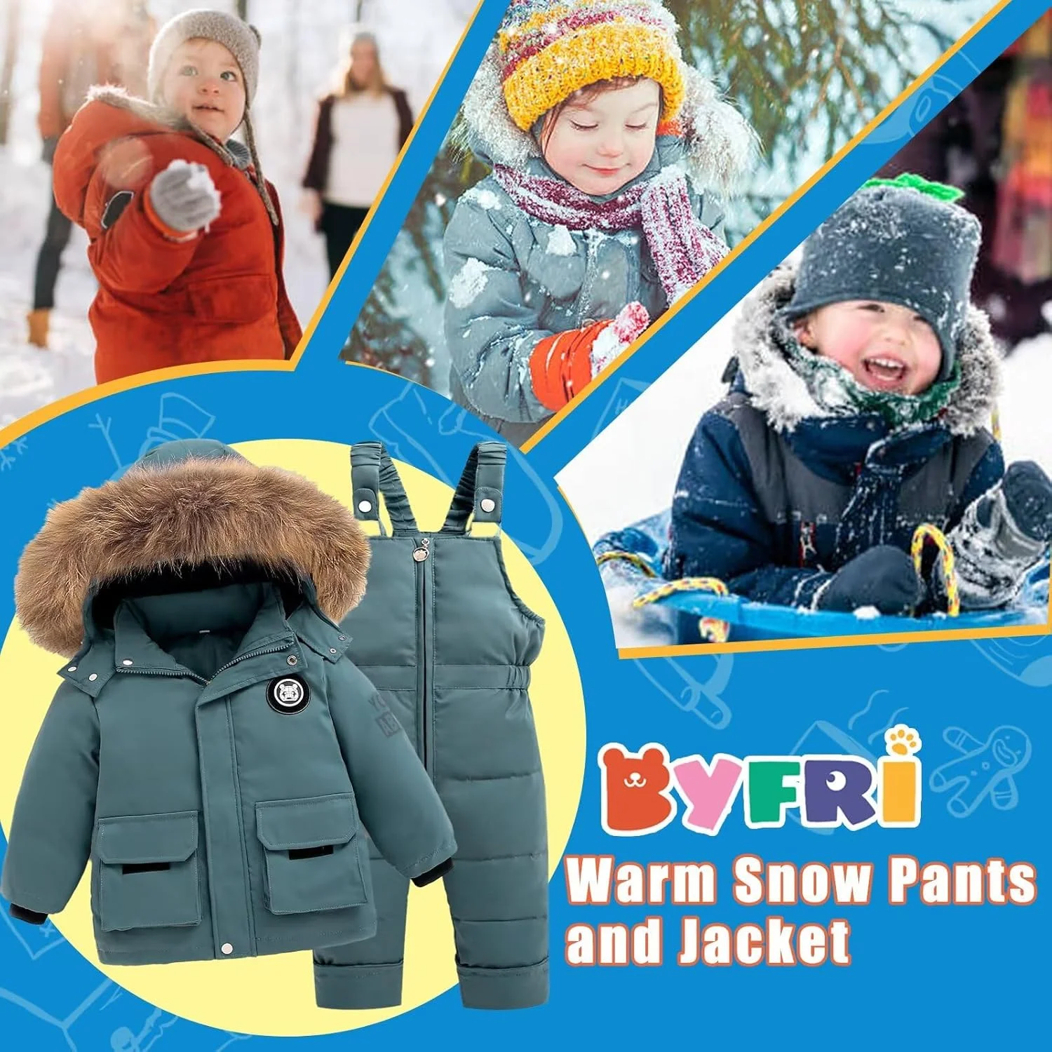 ست لباس برفی کودکانه شامل کاپشن کلاه دار و شلوار پیشبندی اسکی، مناسب نوزادان و کودکان ۱۸ ماهه تا ۴ ساله