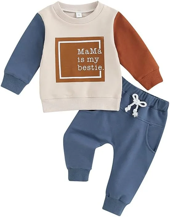 ست بلوز آستین بلند یقه گرد نوزاد و شلوار - تاپ سه رنگ با چاپ حروف و شلوار ساده برای گردش