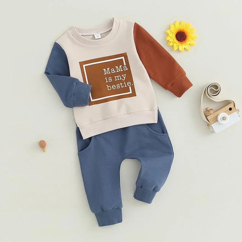 ست بلوز آستین بلند یقه گرد نوزاد و شلوار - تاپ سه رنگ با چاپ حروف و شلوار ساده برای گردش