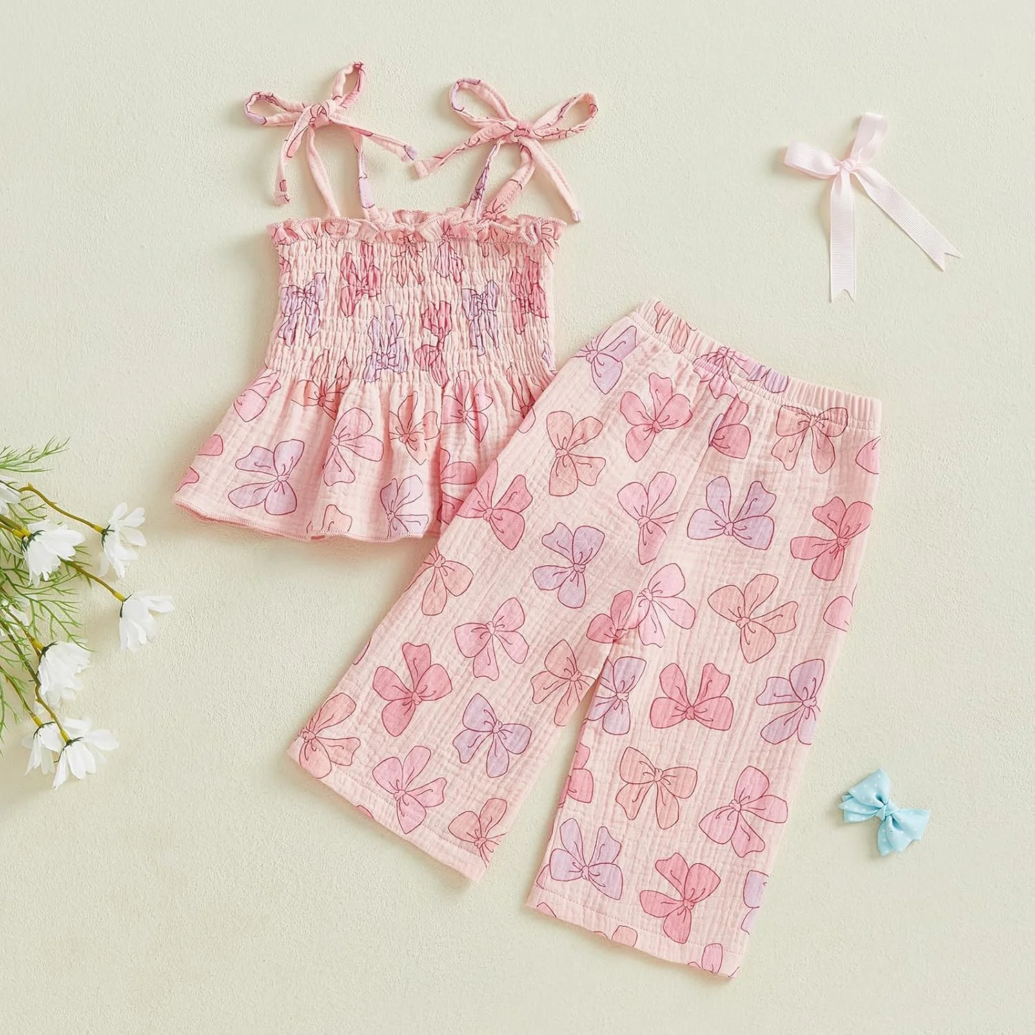 لباس های تابستانی نوزاد دختر VISGOGO، تاپ بدون آستین بند دار و شلوار لینن طرح قلب/پاپیون