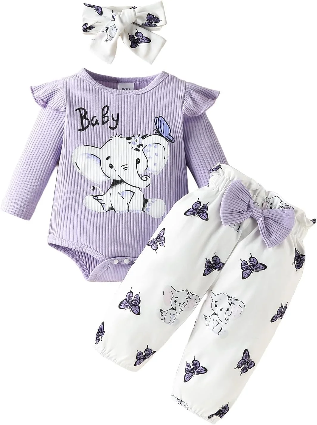 ست لباس پاییزی و زمستانی نوزاد دختر، رامپر آستین بلند پنبه ای نرم با طرح چین دار به همراه شلوار پاپیونی و هدبند، لباس های راحت نوزادی مناسب استفاده روزانه، عکاسی و هدیه