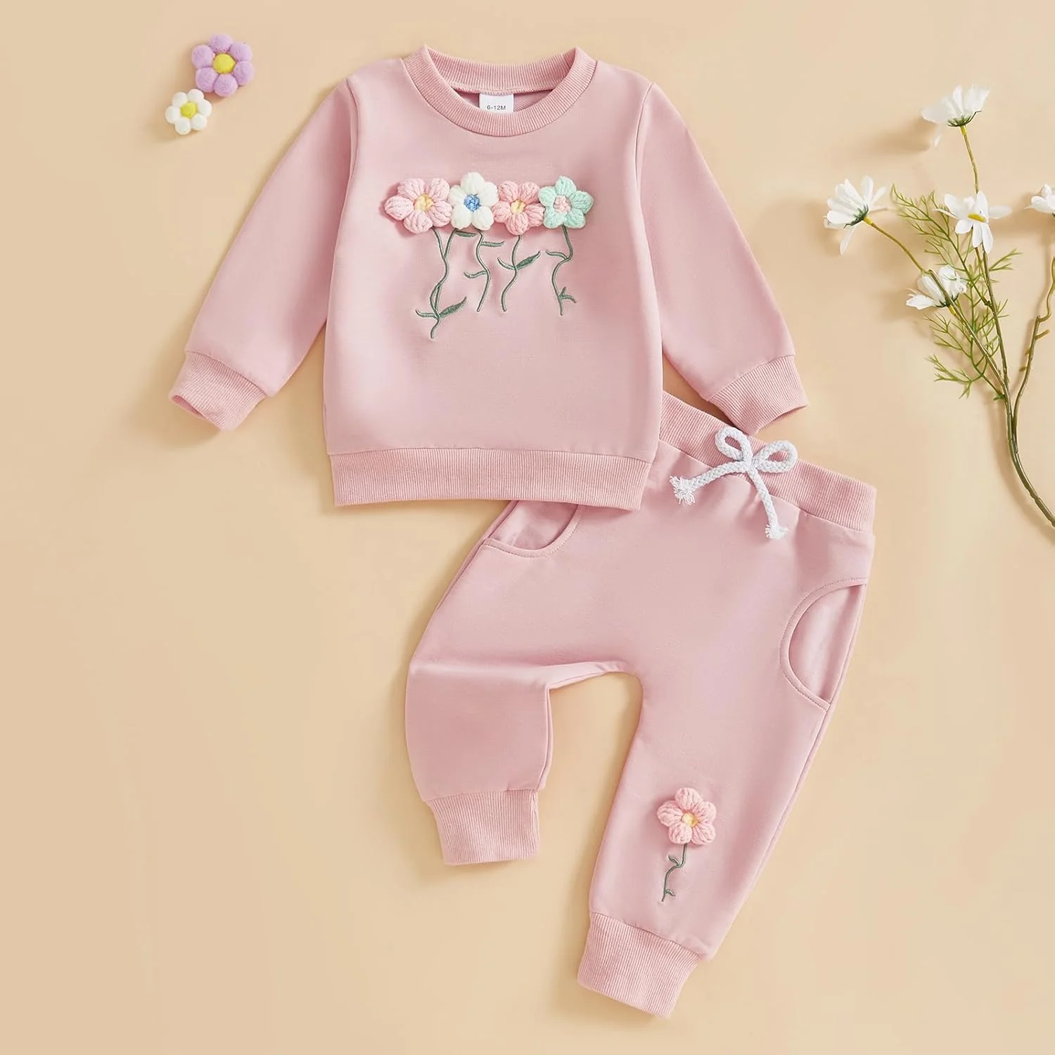 لباس بچه گانه دخترانه، بلوز آستین بلند با طرح گل سه بعدی، مناسب پاییز و زمستان، ست بلوز و شلوار