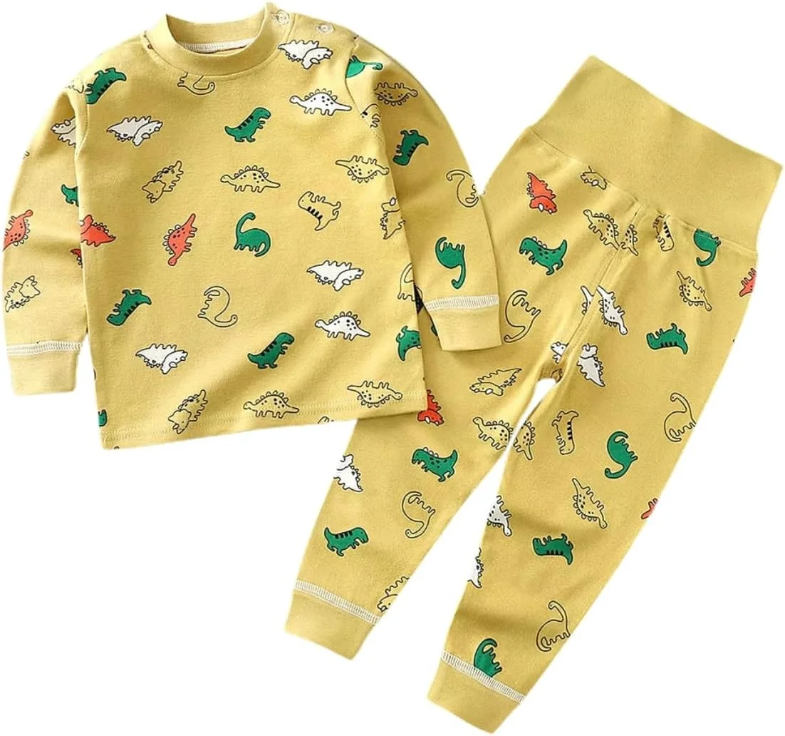 ست لباس خواب بچه گانه طرح دایناسور KILKARI - 100% پنبه نرم - تاپ آستین بلند زرد و شلوار