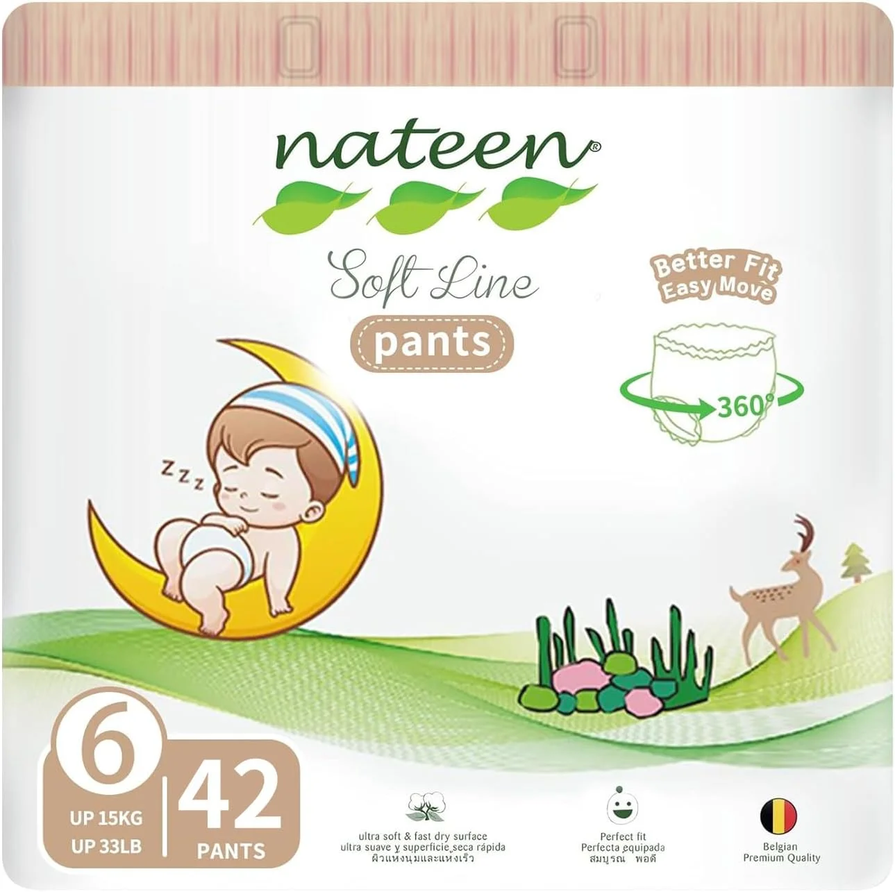 شورت پوشک بچه ناتین سافت لاین، سایز 6 (15+ کیلوگرم)، خیلی بزرگ، 42 عددی، فوق العاده نرم و پوشک بچه تنفسی (42 عدد)