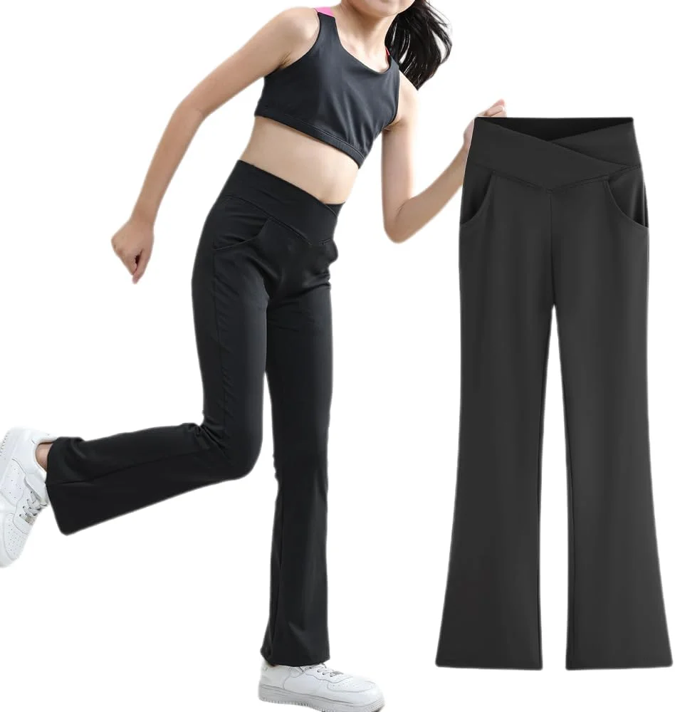 شلوار یوگا دخترانه کمر بلند، مدل دم پا گشاد، رنگ ثابت، مناسب برای 5 تا 12 سال