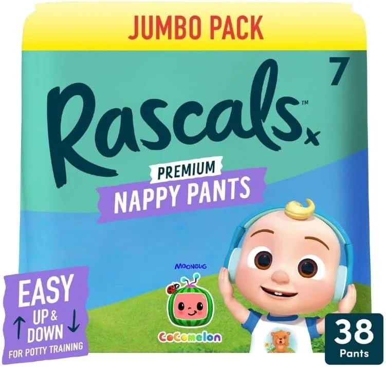 شورت آموزشی کودک راسکلز طرح کوکوملون - طراحی آسان پوشیدنی - نرم و راحت سایز 7 - کمر الاستیک 360 درجه - بسته بزرگ (38 عددی)