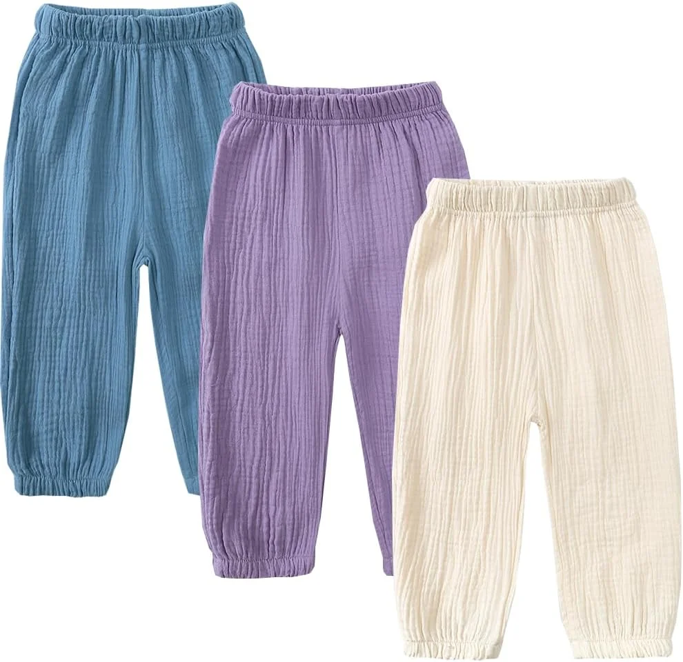 GFQLONG شلوار نخی و کتان بچه گانه دخترانه، بسته 3 عددی، کمر کشی، مدل Harem Bloomers، مناسب بهار، تابستان و پاییز