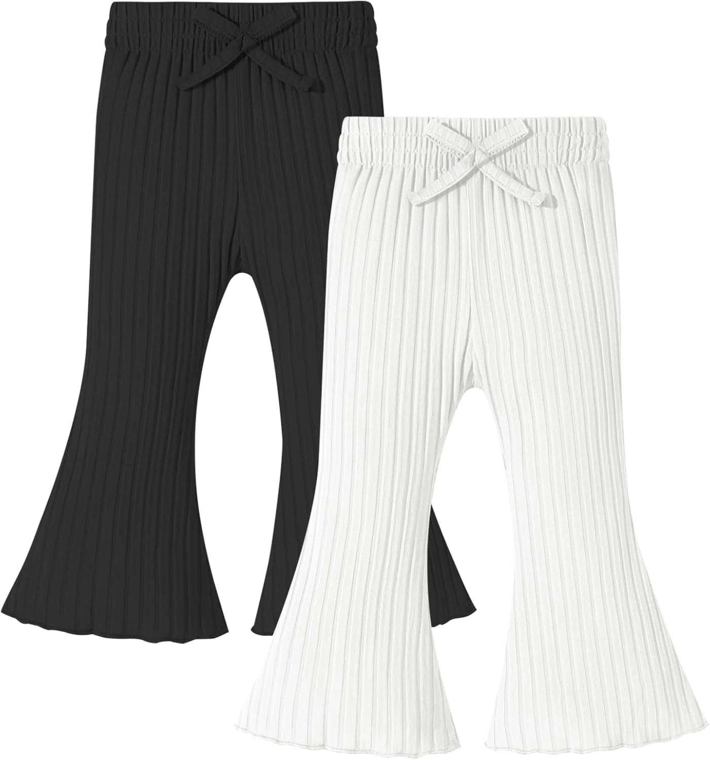 ست ۲ عددی شلوار دخترانه بچه گانه، ساق گشاد، پارچه نرم کبریتی، کمر کشی پاپیون دار، ساده، لبه چین دار