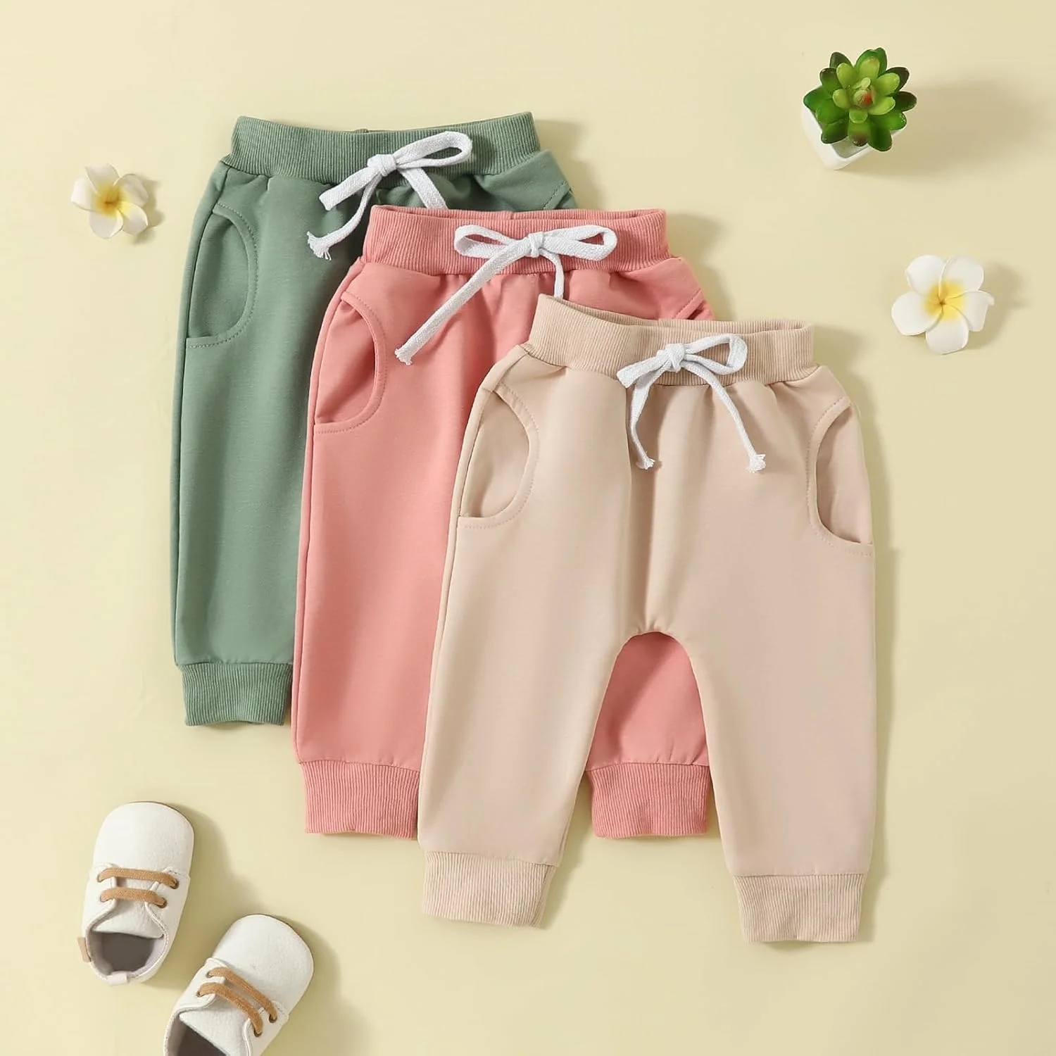 ست ۳ عددی شلوار نخی بلند بهاره دخترانه، رنگ ثابت، کمر کشی، مناسب پاییز و زمستان