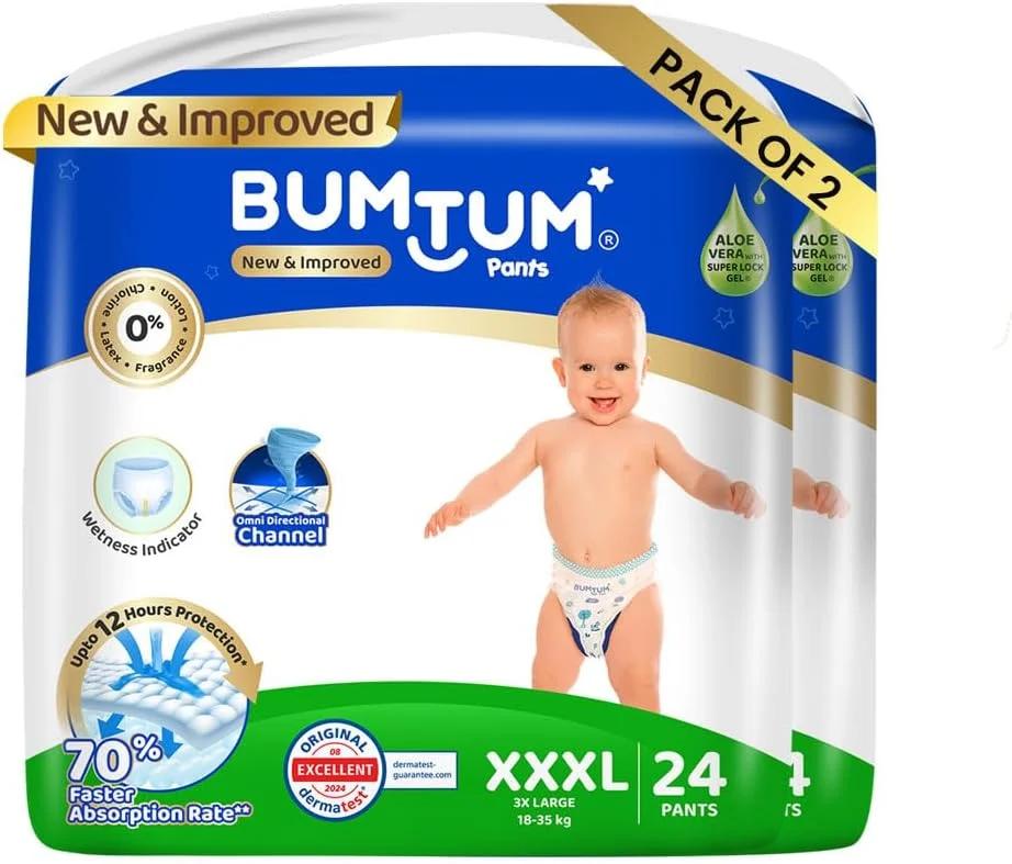 شورت پوشکی بچه بام‌توم، سایز XXXL (سایز 7)، 18-35 کیلوگرم، محافظت دو لایه در برابر نشتی، حاوی آلوئه ورا، نرمی پنبه‌ای با فناوری جذب بالا، 48 عدد