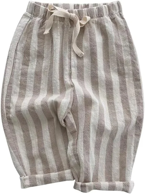 شلوار بلند نخی نرم راه راه با بند کشی مناسب فصل تابستان برای کودکان پسر و دختر 6 تا 24 ماهه