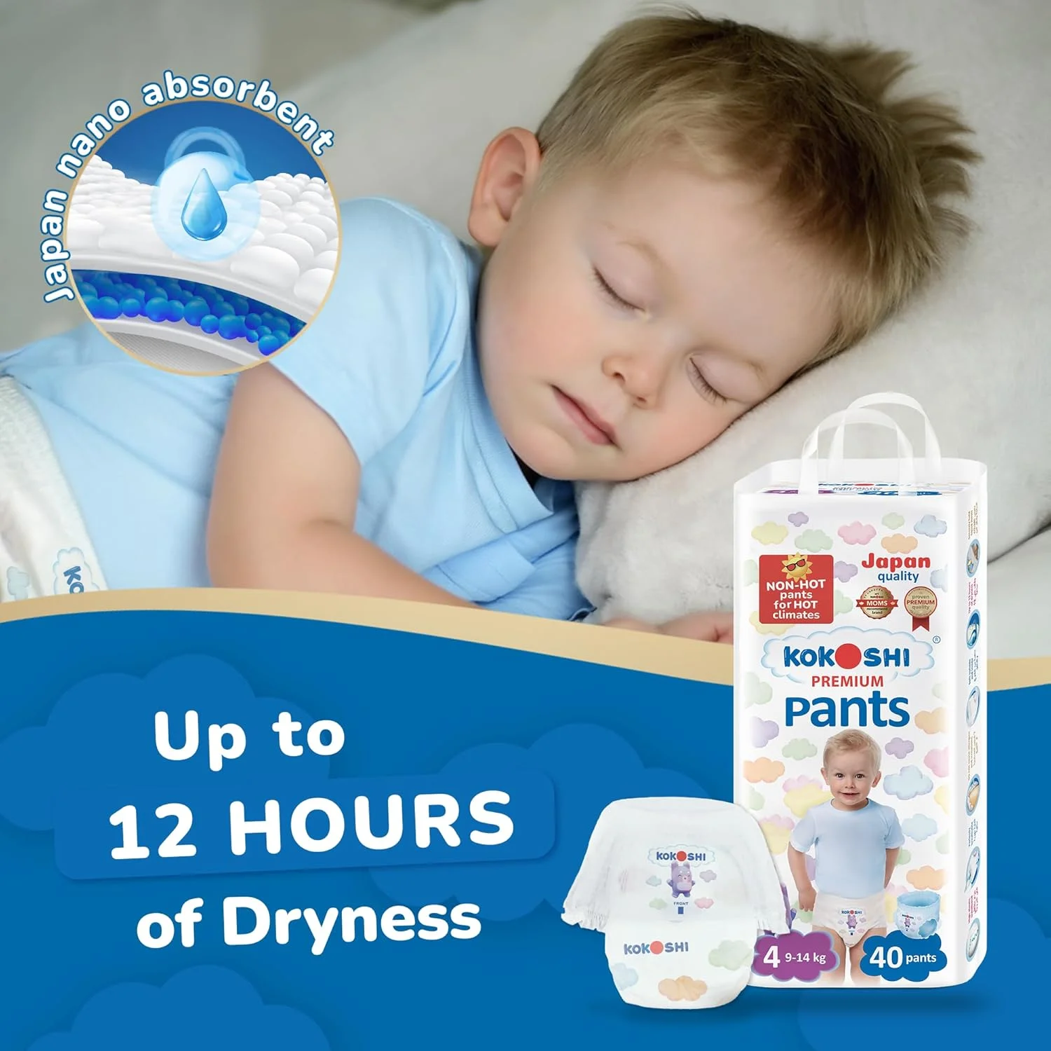 شلوارک بچه کوکوشی پریمیوم سایز 4 (9-14 کیلوگرم)، 40 عدد - فوق العاده نرم، ضد حساسیت، محافظت 13 ساعته، تنفسی، ضد نشت پوشک های شورتی ژاپنی
