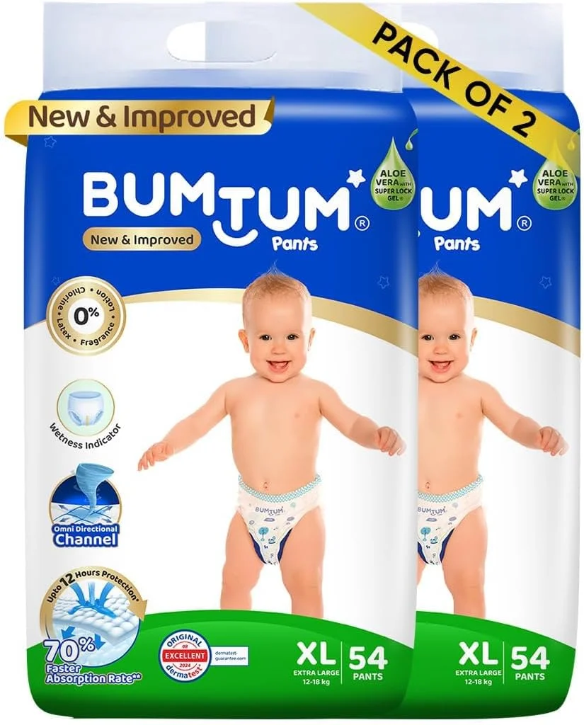 شورت پوشک بچه بام‌توم، سایز خیلی بزرگ (سایز 5)، 12-18 کیلوگرم، محافظت دو لایه در برابر نشت، حاوی آلوئه ورا، نرمی پنبه‌ای با فناوری جذب بالا، 108 عدد