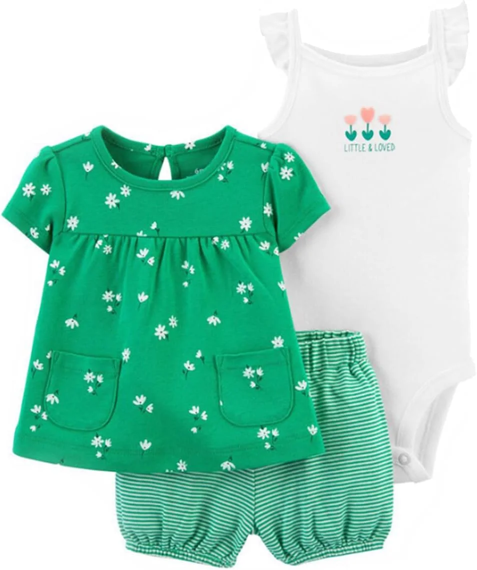 ست لباس تابستانی نوزاد دخترانه، شامل تیشرت، شورت و رامپر با طرح های چاپی زیبا