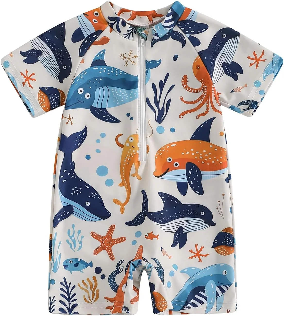 مایو یک تکه آستین کوتاه طرح کوسه پسرانه و دخترانه زیپ دار مناسب شنا و ساحل