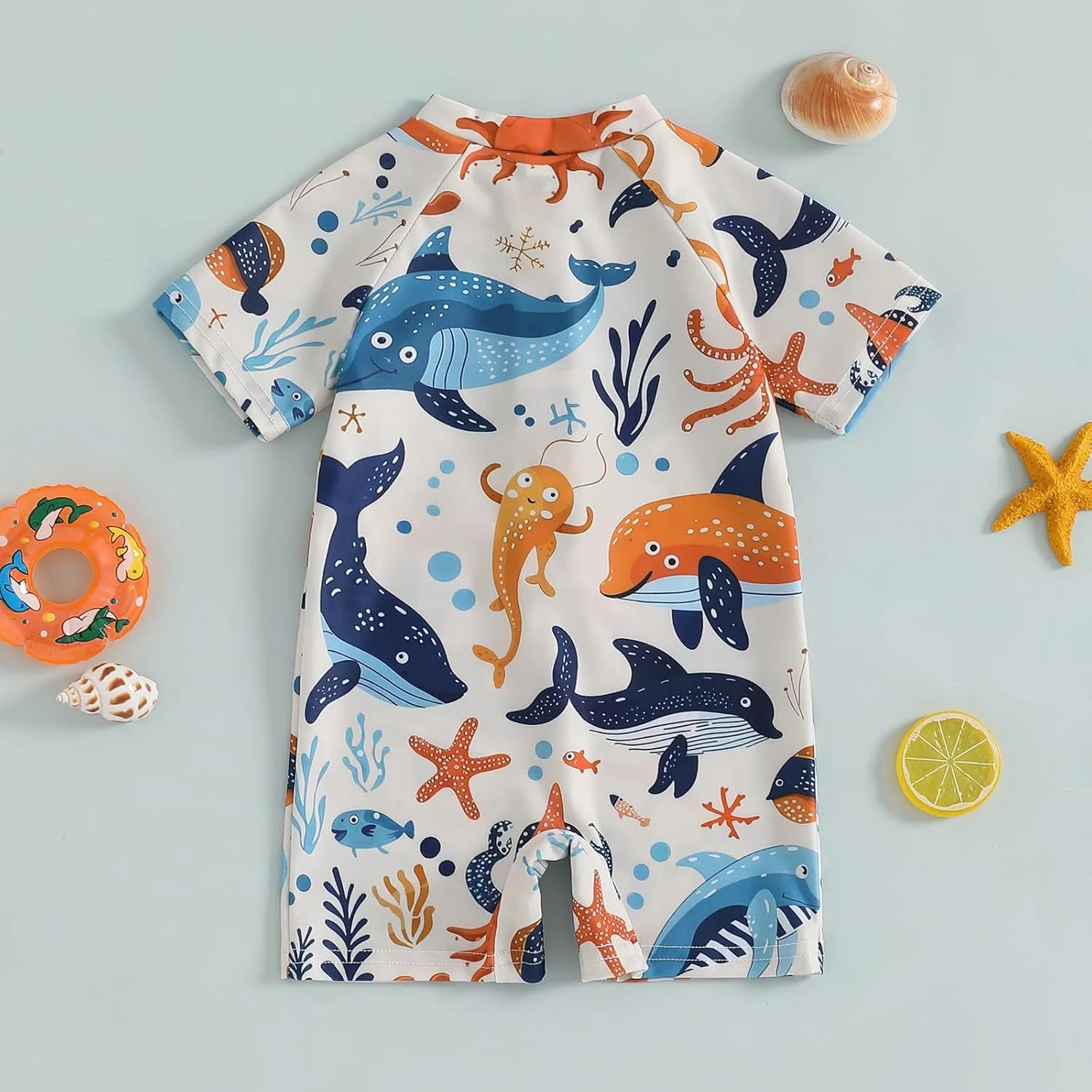 مایو یک تکه آستین کوتاه طرح کوسه پسرانه و دخترانه زیپ دار مناسب شنا و ساحل