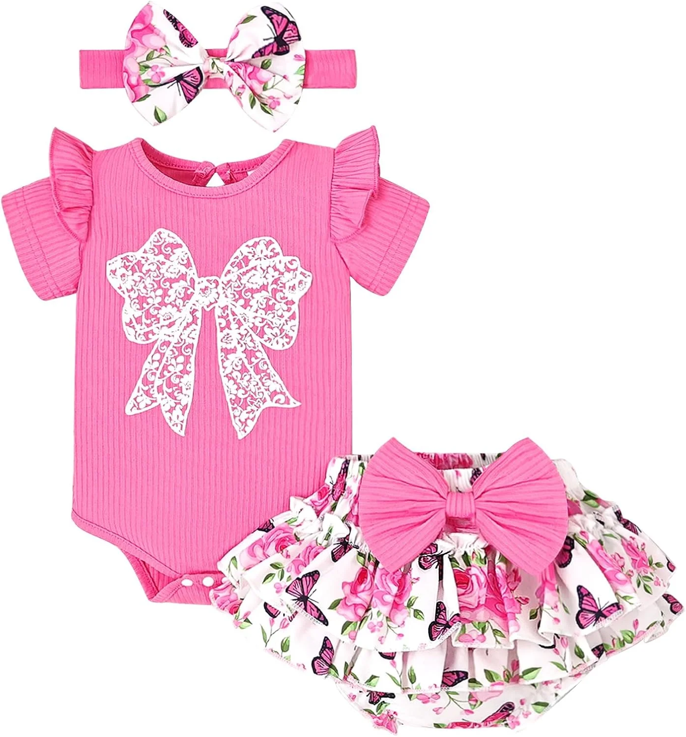 لباس تابستانی نوزادی دخترانه، رامپر آستین پفی، ست شورت گلدار و هدبند، 0 تا 18 ماه