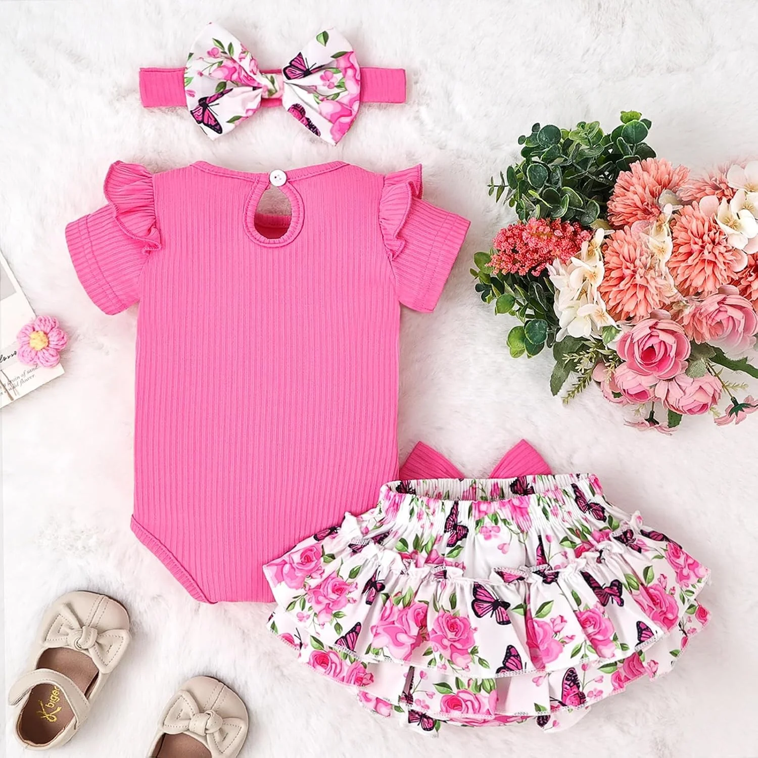 لباس تابستانی نوزادی دخترانه، رامپر آستین پفی، ست شورت گلدار و هدبند، 0 تا 18 ماه