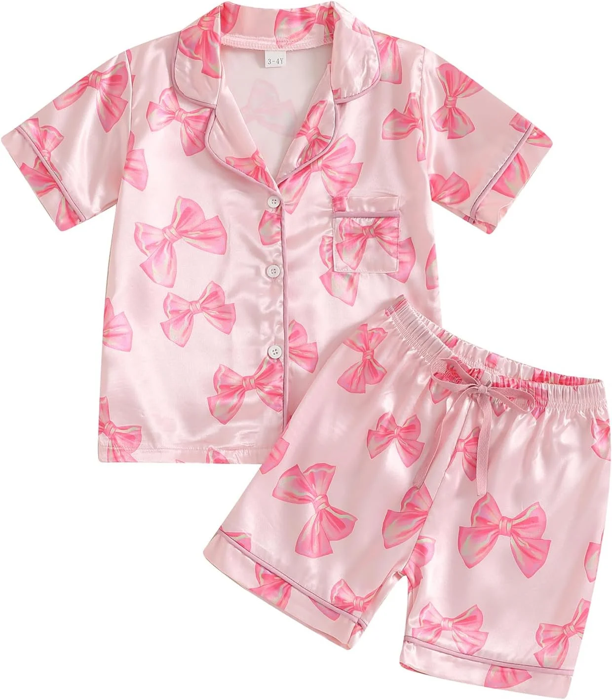 لباس خواب ابریشمی تابستانی دخترانه با طرح گل، آستین کوتاه، یقه برگردان، دکمه دار، شورت، لباس خواب ساتن بچه گانه