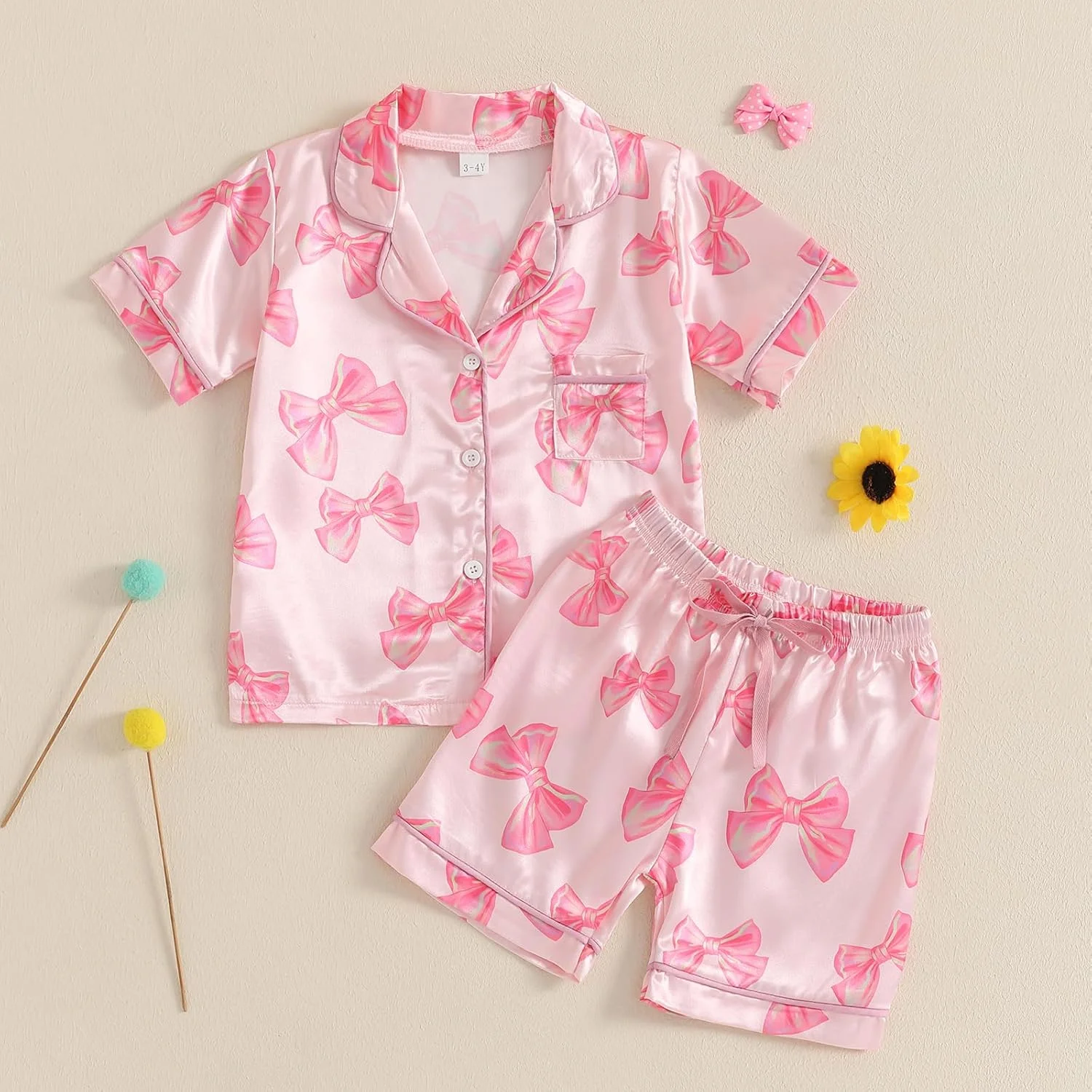 لباس خواب ابریشمی تابستانی دخترانه با طرح گل، آستین کوتاه، یقه برگردان، دکمه دار، شورت، لباس خواب ساتن بچه گانه