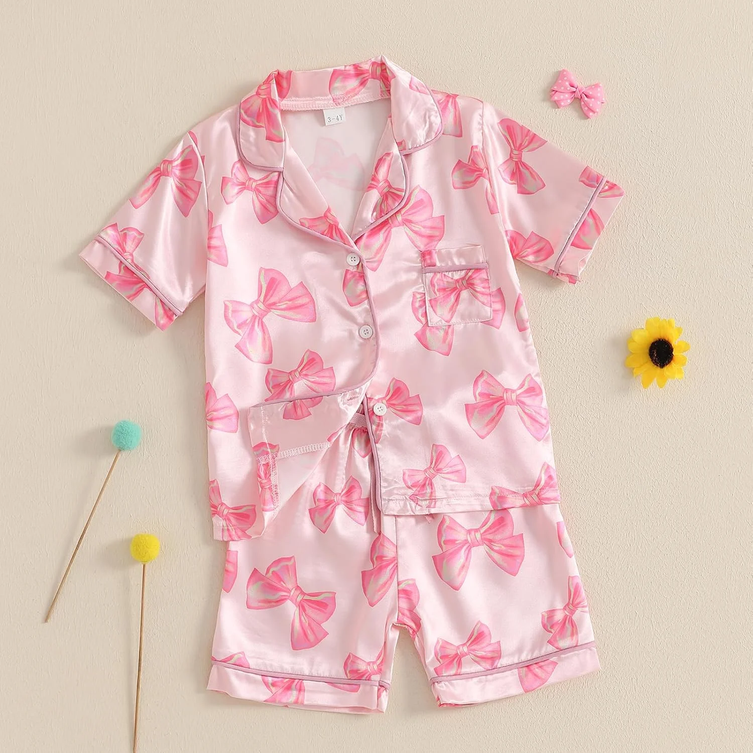 لباس خواب ابریشمی تابستانی دخترانه با طرح گل، آستین کوتاه، یقه برگردان، دکمه دار، شورت، لباس خواب ساتن بچه گانه