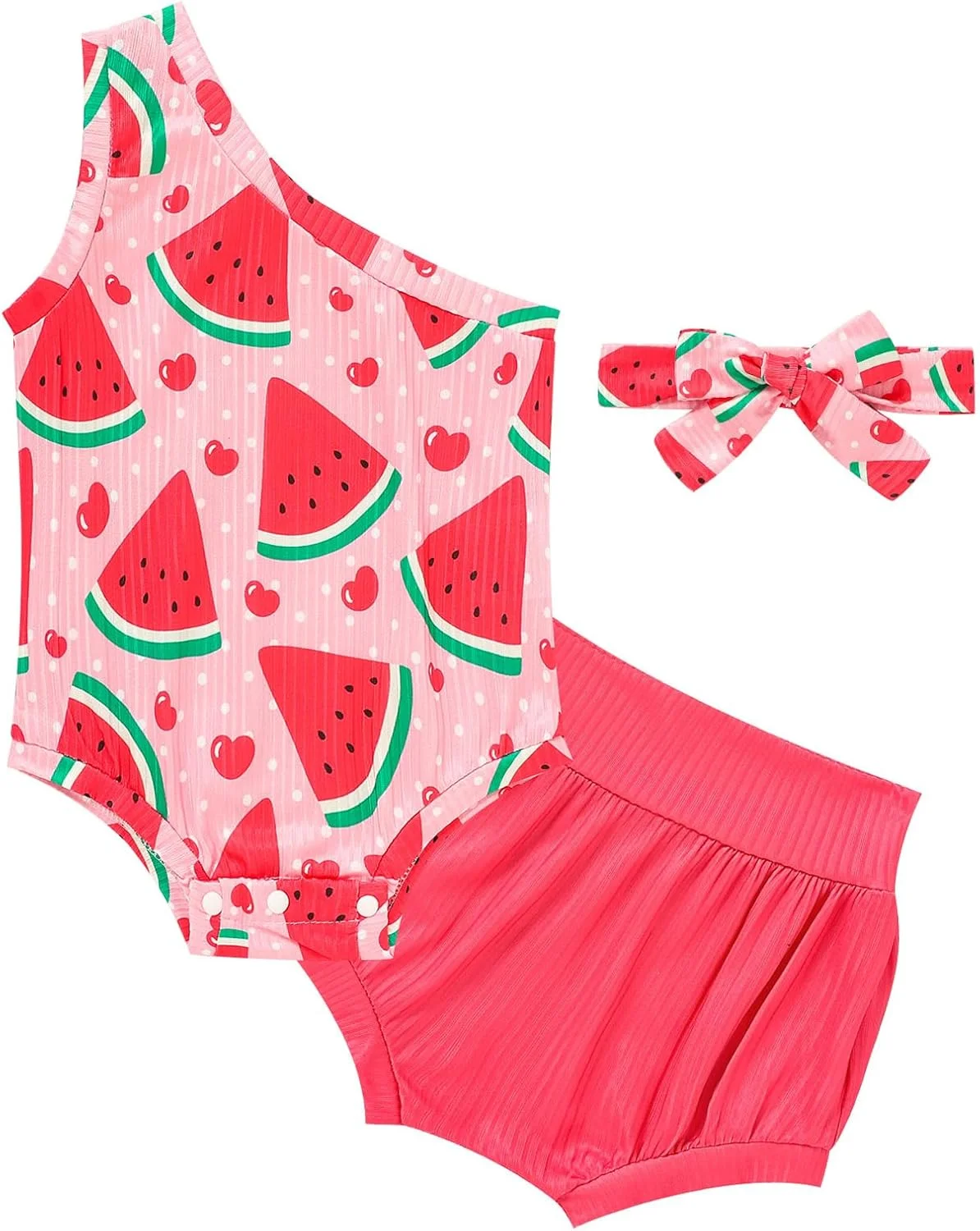 لباس نوزادی دخترانه، رامپر طرح گلدار یک طرفه با شورت پوشکی و هدبند، لباس های زیبای تابستانی