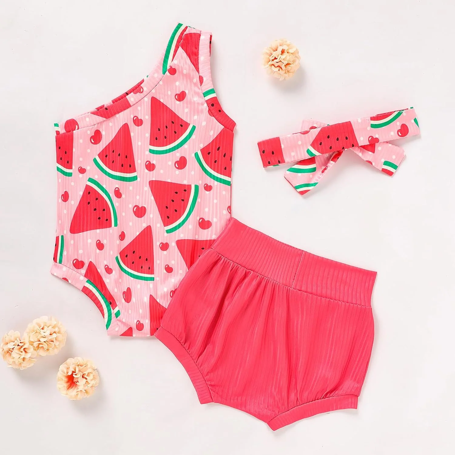 لباس نوزادی دخترانه، رامپر طرح گلدار یک طرفه با شورت پوشکی و هدبند، لباس های زیبای تابستانی