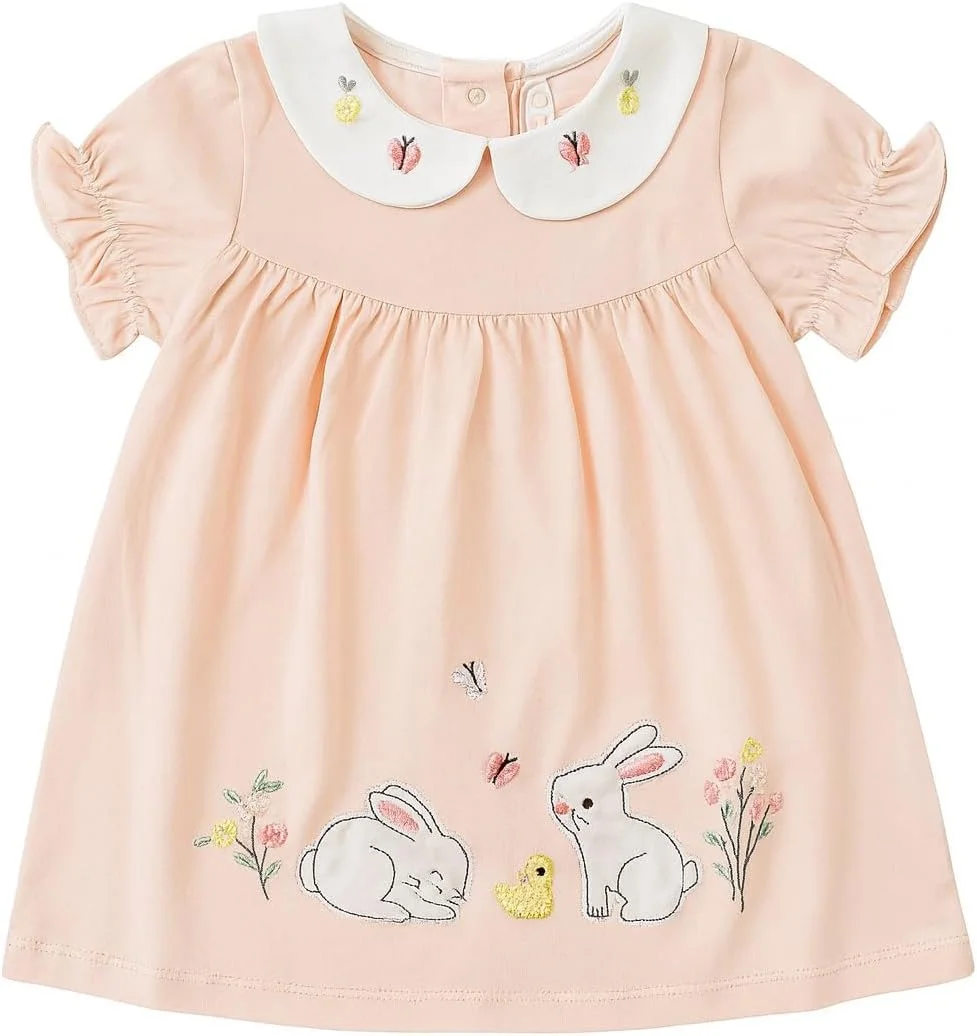 پیراهن غیر رسمی دخترانه با گلدوزی خرگوش، هلویی، یقه پیتر پن، آستین کوتاه پفی