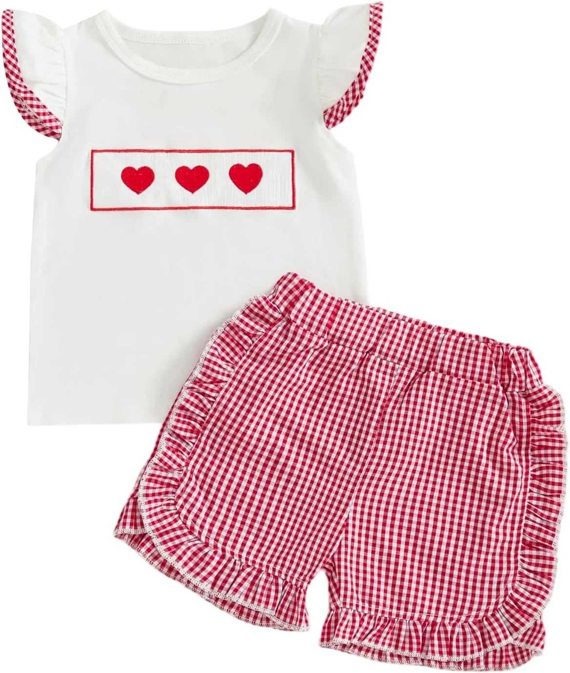 لباس روز ولنتاین نوزاد دختر، تیشرت آستین پفی گلدوزی شده قلبی و ست شورت چین دار چهارخانه
