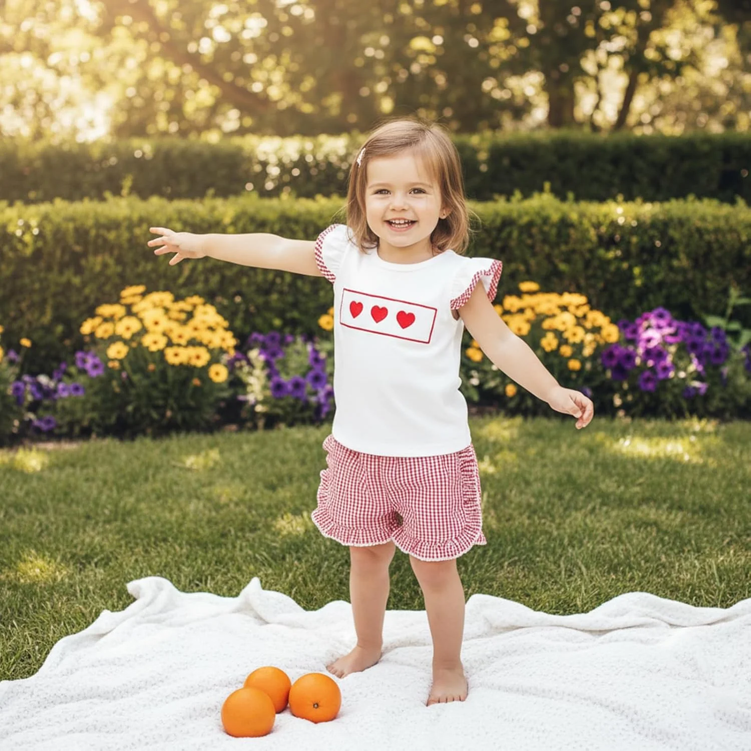 لباس روز ولنتاین نوزاد دختر، تیشرت آستین پفی گلدوزی شده قلبی و ست شورت چین دار چهارخانه لباس روز ولنتاین نوزاد دختر، تیشرت آستین پفی گلدوزی شده قلبی و ست شورت چین دار چهارخانه