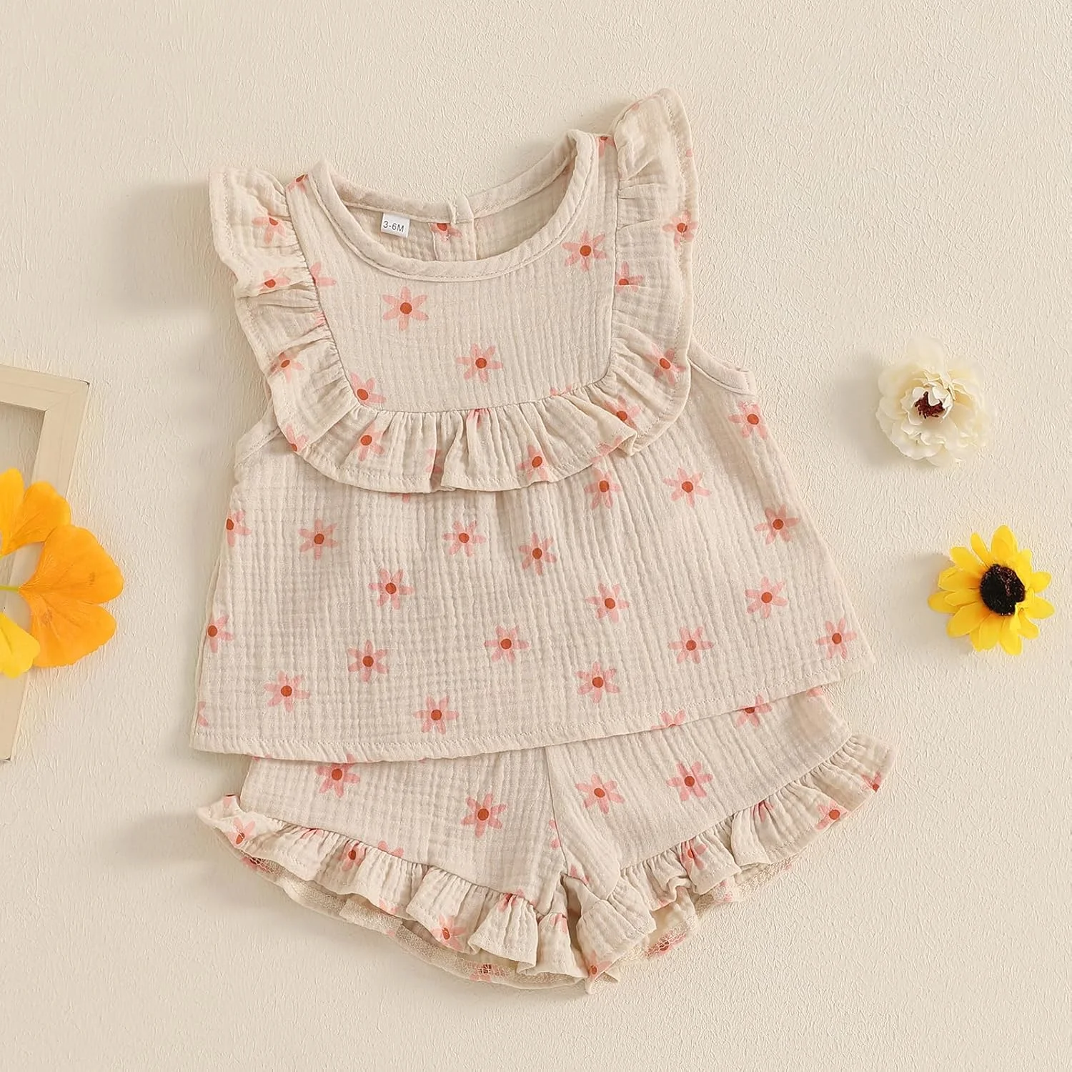 لباس تابستانی دخترانه BemeyourBBs، ست شومیز آستین حلقه ای دکمه دار و شورت پاپیونی زیبا