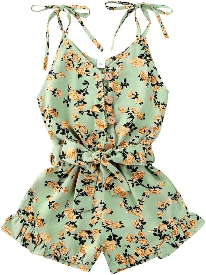 رامپر گلدار بنددار دخترانه، سرهمی چین دار بدون آستین، مناسب فصل تابستان، سبز روشن، سایز 100 (3-4 سال)