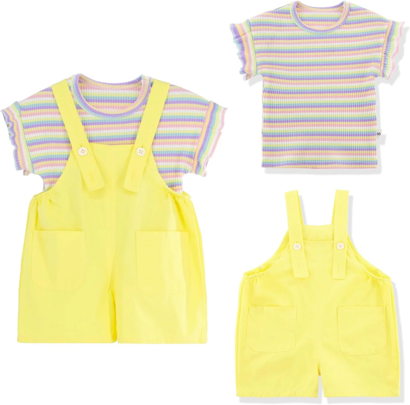 ست لباس تابستانی دخترانه بچه گانه با تیشرت بافتنی راه راه رنگین کمانی و سرهمی شلوارکی