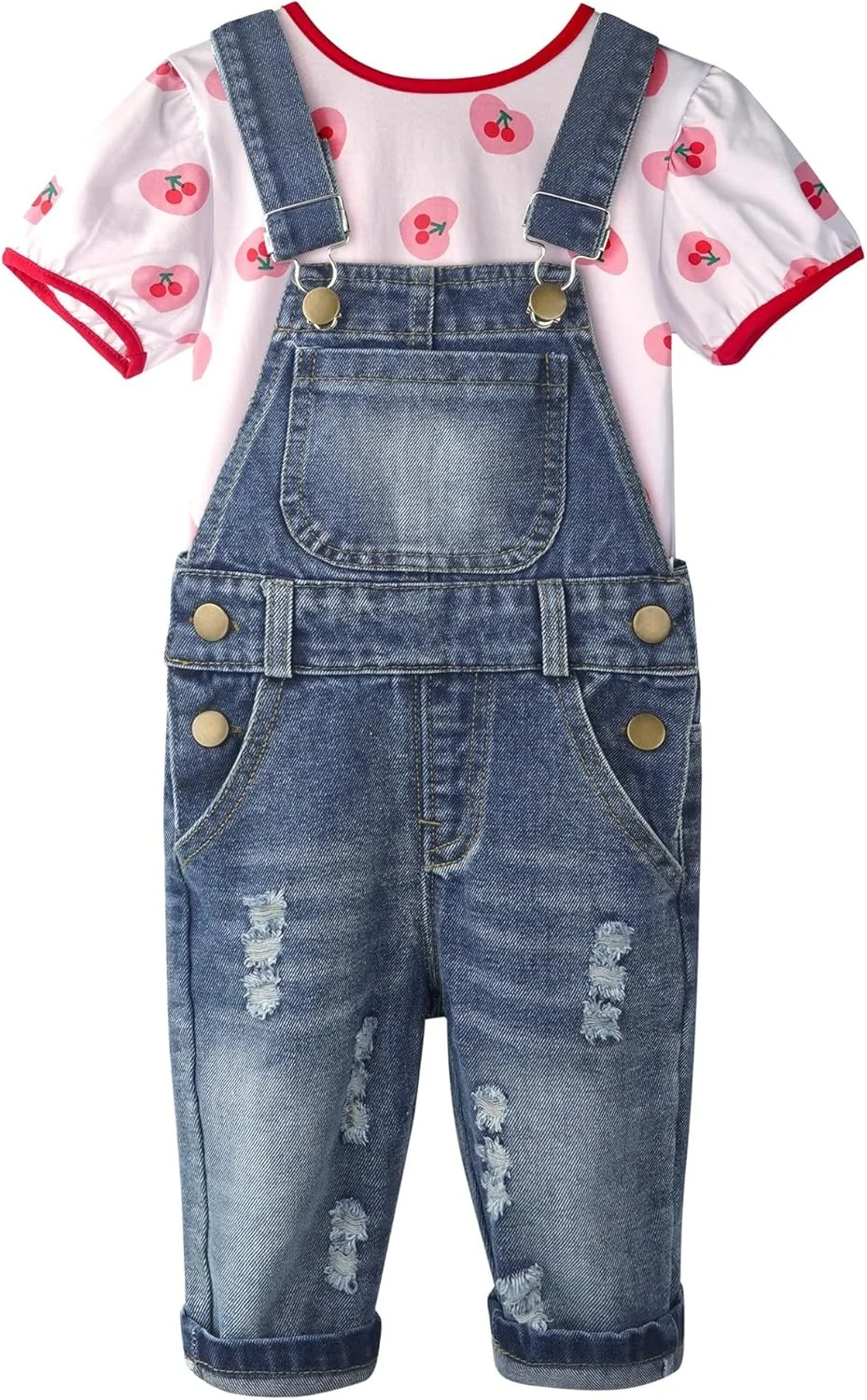 ست دو تکه لباس دخترانه بچه گانه، تیشرت آستین کوتاه نخی با طرح قلب، گیلاس و لبخند به همراه پیشبند جین