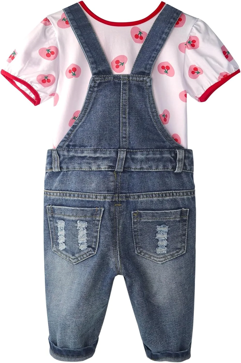 ست دو تکه لباس دخترانه بچه گانه، تیشرت آستین کوتاه نخی با طرح قلب، گیلاس و لبخند به همراه پیشبند جین