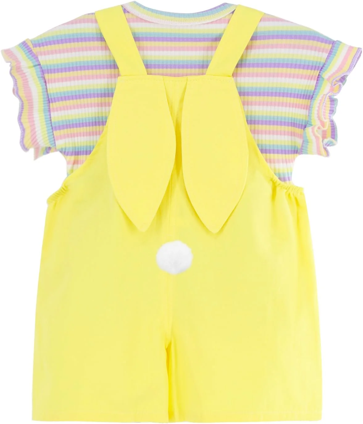 ست لباس تابستانی دخترانه بچه گانه با تیشرت بافتنی راه راه رنگین کمانی و سرهمی شلوارکی