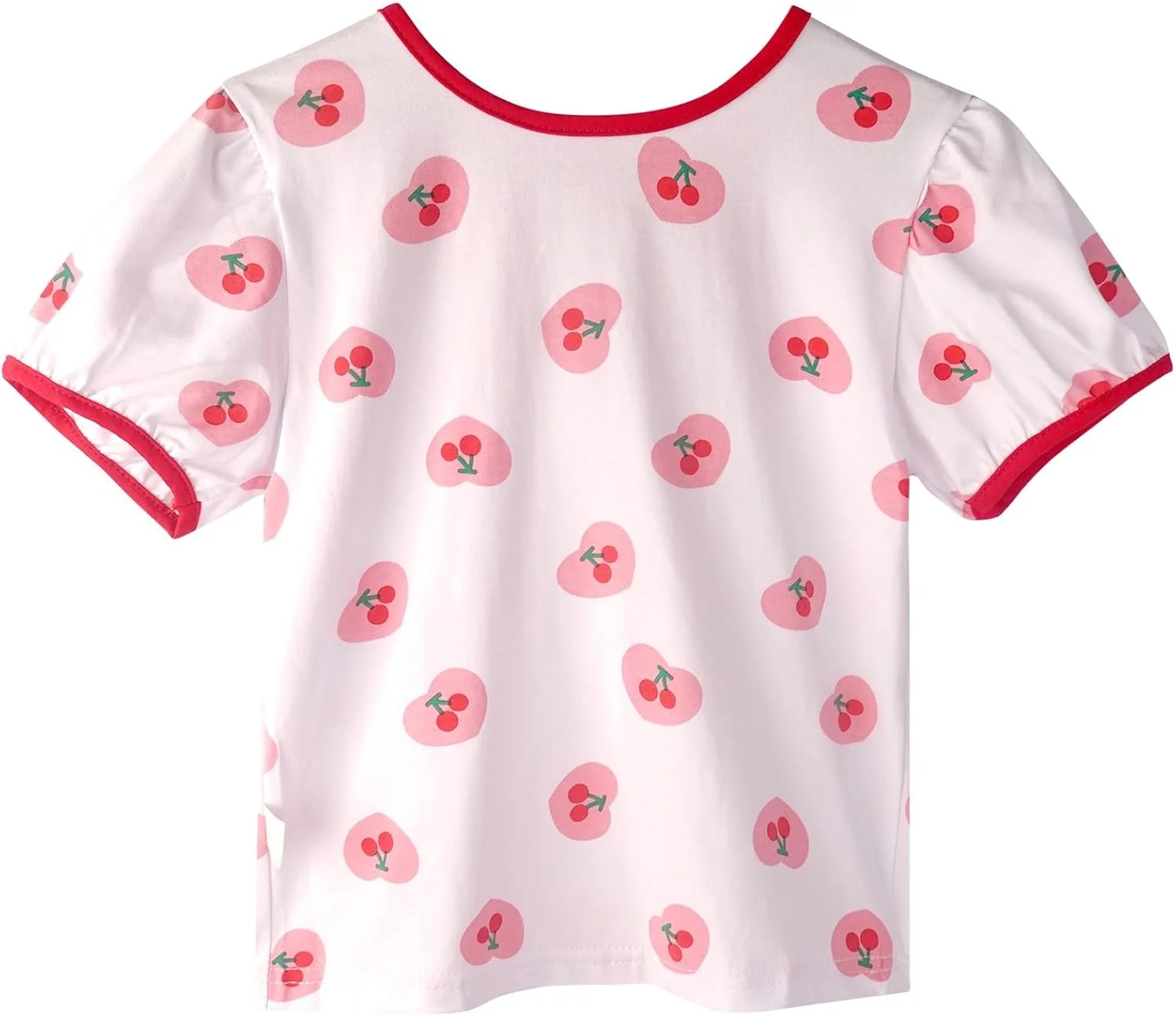 ست دو تکه لباس دخترانه بچه گانه، تیشرت آستین کوتاه نخی با طرح قلب، گیلاس و لبخند به همراه پیشبند جین