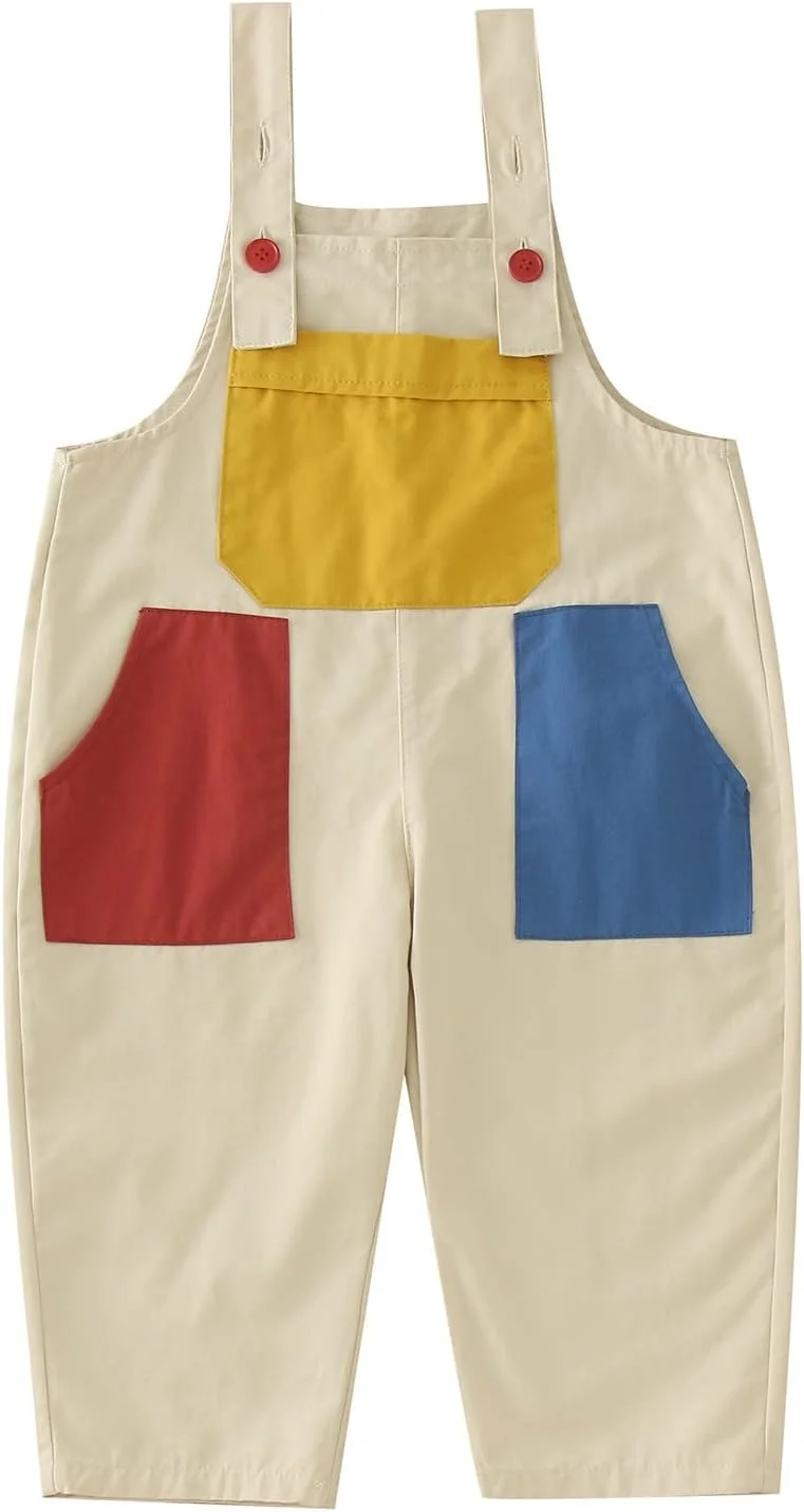 لباس سرهمی پیشبندی رنگی بچگانه، دارای بندهای قابل تنظیم، جامپسوت نخی با جیب