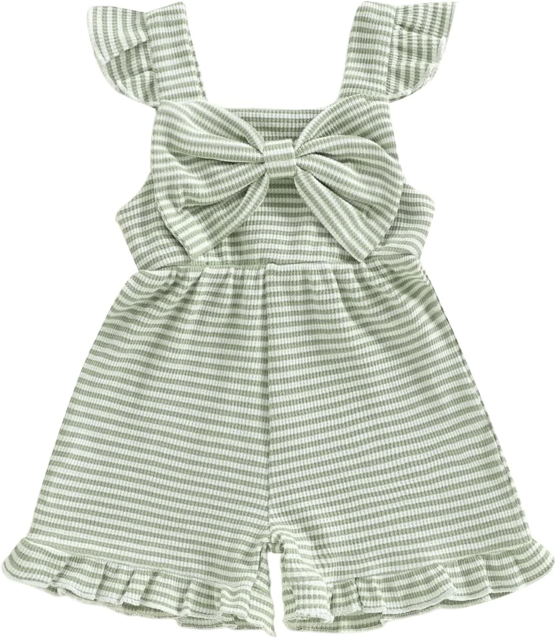 لباس دخترانه بچه گانه، رامپر تابستانی، جامپسوت یک تکه راه راه بدون آستین با پاپیون زیبا، شلوارک و سرهمی، سایز 6 ماه تا 5 سال
