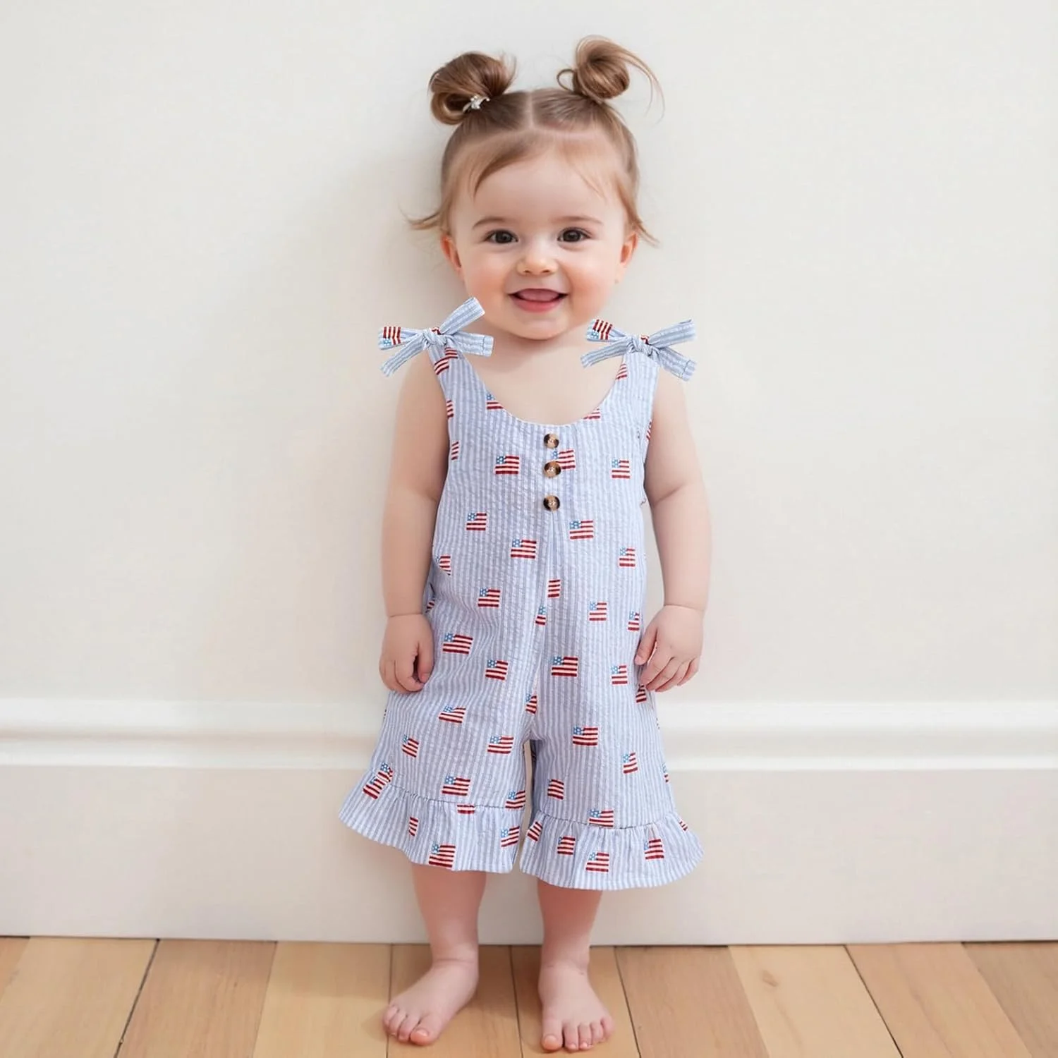 لباس سرهمی شلوارکی پرچم آمریکا برای دختر بچه، رامپر بند دار نوزادی