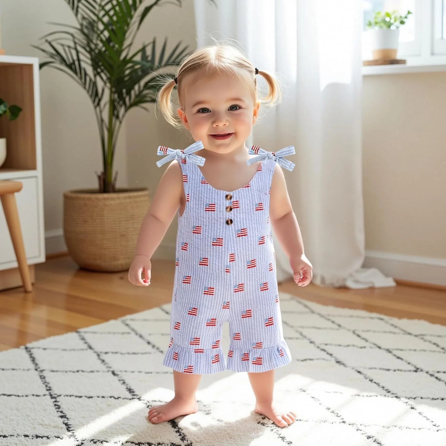 لباس سرهمی شلوارکی پرچم آمریکا برای دختر بچه، رامپر بند دار نوزادی