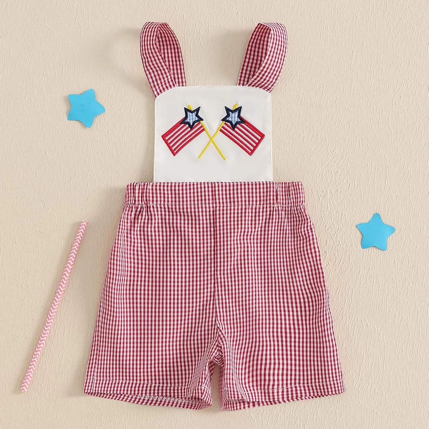لباس سرهمی شلوارکی نوزادی طرح پرچم آمریکا، مناسب برای دختران و پسران، لباس تابستانی